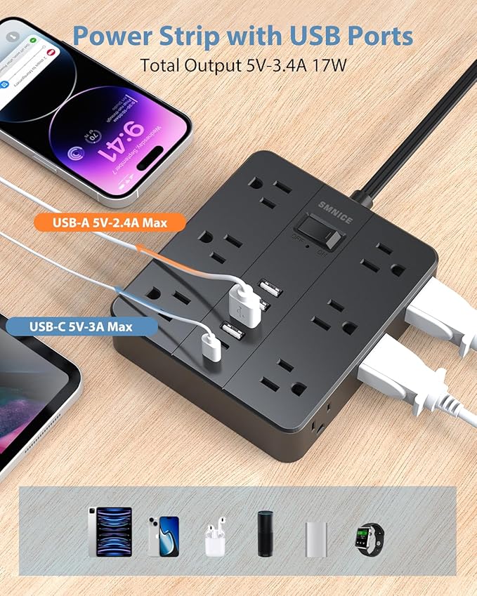 Power Strip Flat Plug with 12 Outlets 6 USB(2 USB C),SMNICE Surge Protector Charging Station with Overload Protection,5ft Extension Cord Widely Spaced Multiple Outlets for Home Office Dorm,Black