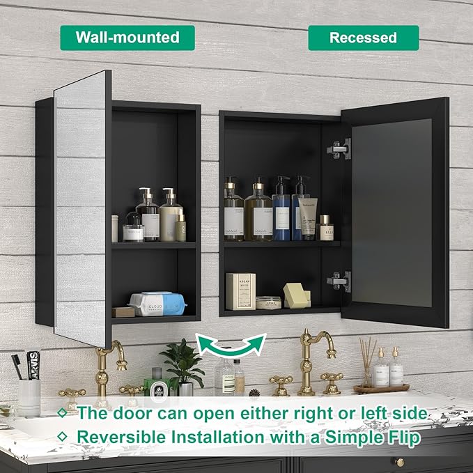 20 x 26 Farmhouse Medicine Cabinet for Bathroom, Black Bathroom Mirror with Storage, Tempered Glass, Frameless Recessed or Wall Mount Aluminum Medicine Cabinet - Pre-Assembled