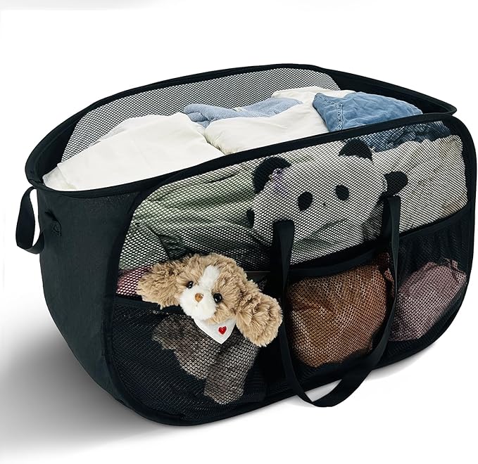 100L Extra Large Mesh Pop Up Hamper with Handles and bag,Upgraded Cationic XL Collapsible Laundry Baskets, Portable Stair Basket, Dirty Clothes Hamper for Cruise Travel Bedroom. Black