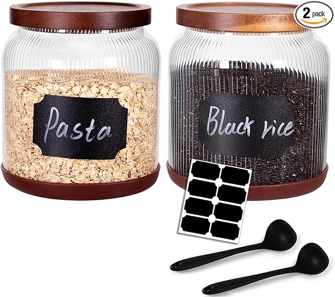 SAIOOL 2-Pack Striped Borosilicate Glass Airtight Canisters - Big mouth Large Capacity, Acacia Wood Lid, Food Storage Jars for Flour, Pasta, Pantry Organization (1/2 Gallon （Striped 2 pack）)