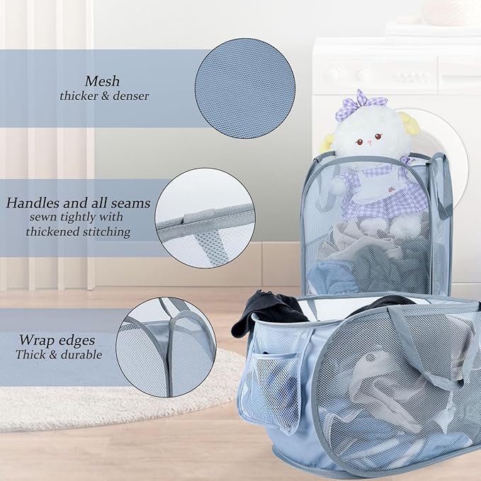 Extra Large Mesh Pop Up Laundry Hamper 2 Pack, 100L Foldable Laundry Baskets, Dirty Clothes Hamper with Pocket, Collapsible Hampers for Travel, Dorm or Home. Grey H+V