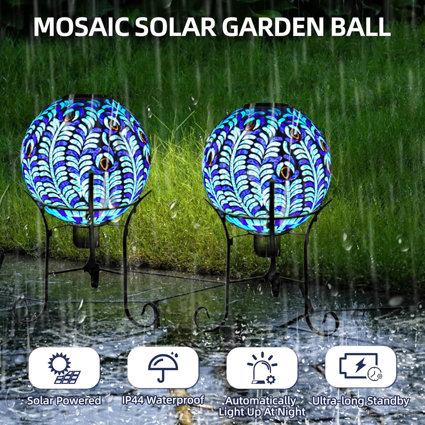 VOREEN Solar Gazing Ball, 10" Mosaic Glass Gazing Globe with Solar Light, Handmade Outdoor Yard Decor Sphere for Patio Lawn Garden, Gift for Mom Wife Friend, Peacock Feather Design (Blue)