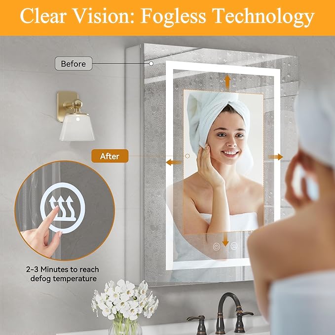 24x30In Medicine Cabinet with Lights, Recessed or Wall Mount LED Medicine Cabinet Mirror for Bathroom, with Defog, 3 Color Temperature & Stepless Dimming, Double Sockets & USBs(Left Door)