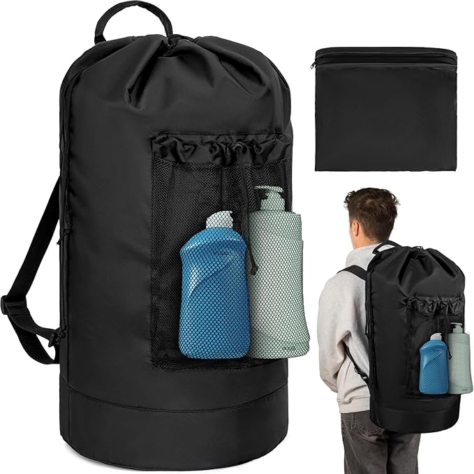 Laundry Bag Backpack with Shoulder Straps and Mesh Pocket Foldable Laundry Hamper for College, Apartment, Laundromat (Black)
