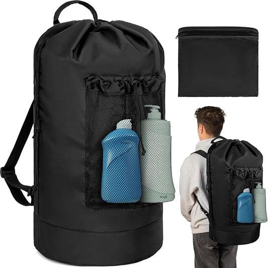 Laundry Bag Backpack with Shoulder Straps and Mesh Pocket Foldable Laundry Hamper for College, Apartment, Laundromat (Black)