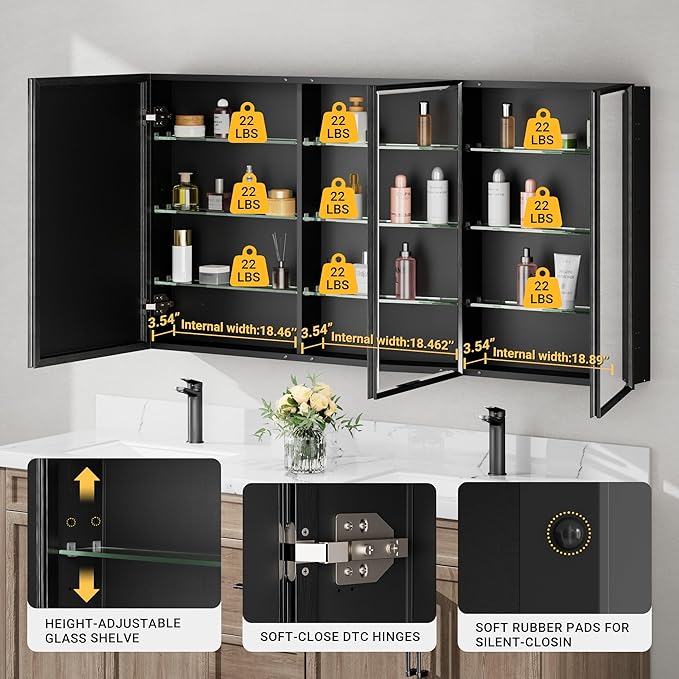 60x30 Inch Black Medicine Cabinet Mirror, Surface or Recessed Large Framed Medicine Cabinet with 3 Beveled Mirror Door & Adjustable Shelves,Shatterproof, Full-Assembled Storage Wall Cabinet