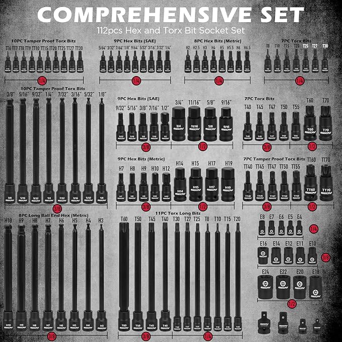 112-Piece Torx and Allen Bit Socket Set, 1/4", 3/8",1/2" Drive Bit Socket Set with Quick-Release Ratchet Wrench, Adapters, Extra long torx/Tamper proof torx/Hex/Ball End Hex/E-Trox,SAE/Metric,S2 Steel