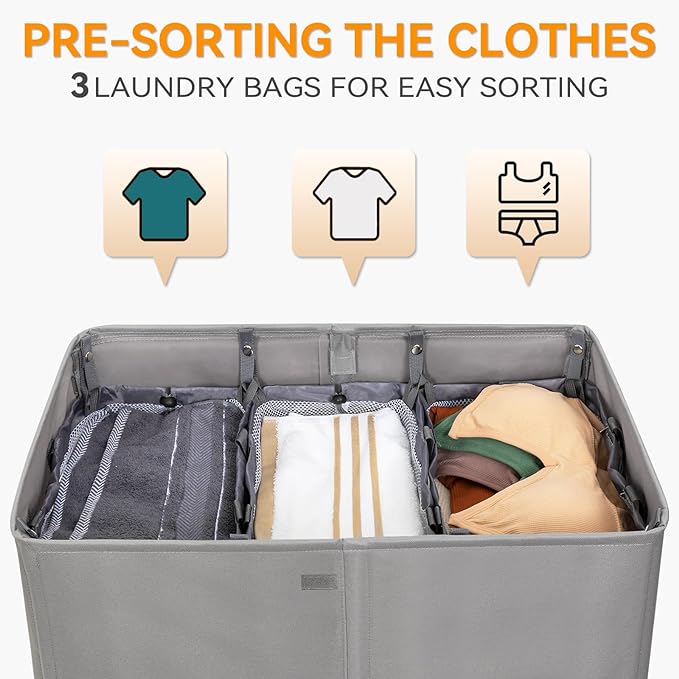 WOWLIVE Laundry Hamper with Lid,160L Large Laundry Basket 3 Section with Removable Washing Bags,Collapsible Waterproof Dirty Clothes Hamper for Laundry Room Bathroom Dorm,Grey