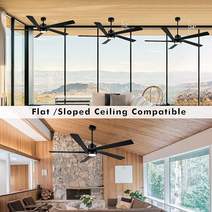 WINGBO 72 Inch DC Ceiling Fan with Lights and 3 Downrods, 5 Reversible Carved Wood Blades, 6-Speed Noiseless DC Motor, Modern Ceiling Fan in Matte Black Finish, ETL Listed