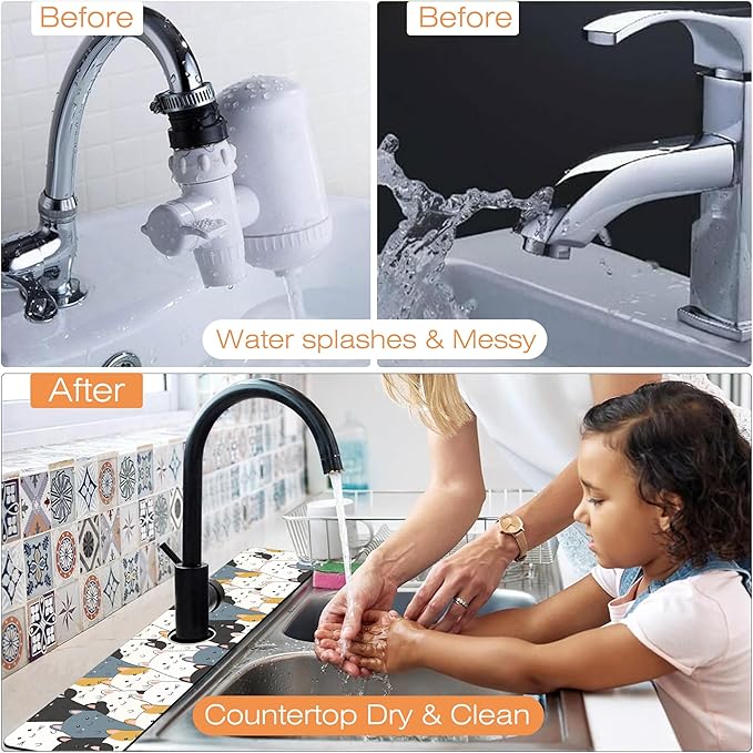 Kitchen Faucet Mat Cute Cartoon Kitten Family Kitchen Sink Splash Guard Faucet Mat,1 PC Splash Guard Behind Faucet Drip Catcher for Kitchen,Dish Drying Mat,Bathroom Faucet Mat 23.5""X5.5""