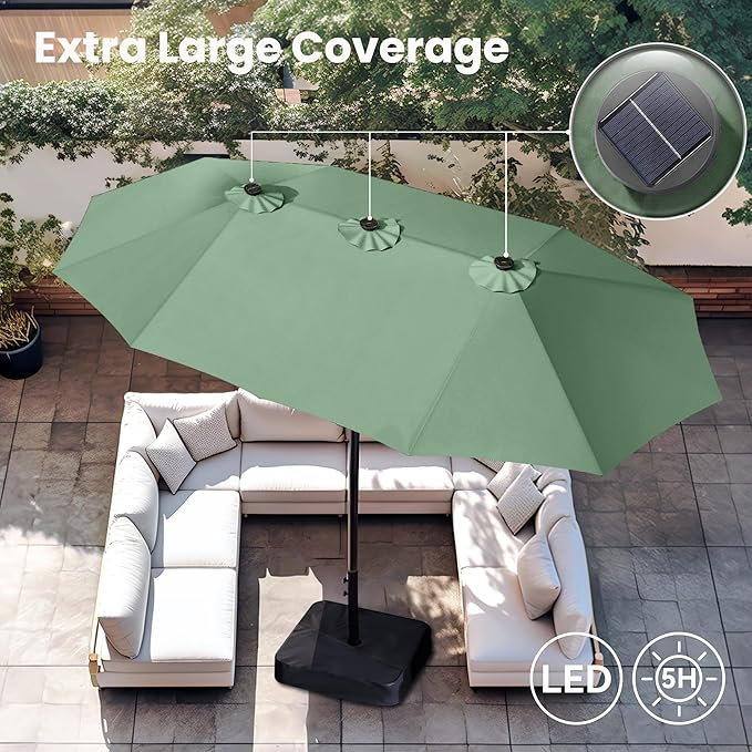 PHI VILLA 15ft Large Patio Umbrella with Solar Lights, Double-Sided Outdoor Market Rectangle Umbrellas with 36 LED Lights, Umbrella Base (Stand) Included, Mint Green