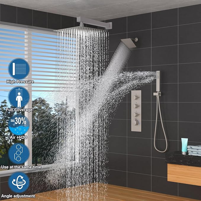 Enga Thermostatic Dual Shower System, 12"+6" Wall Mount Dual Rain Shower Faucet, All Functions Use Together & Volume Adjustable, Brushed Nickel