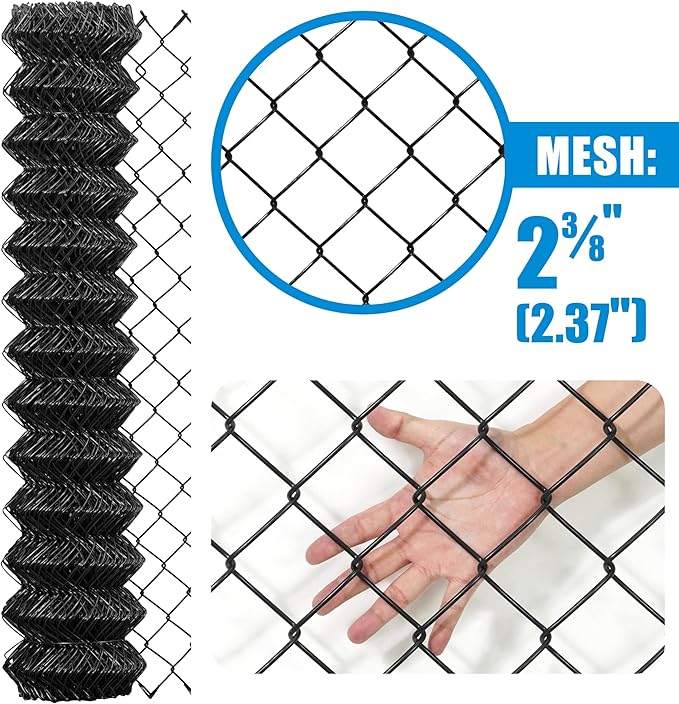 Fencer Wire 9 Gauge Black Vinyl Coated Galvanized Steel Chain Link Fence Fabric, Diamond Mesh Size 2-3/8 Inch, Galvanized Fencing Wire Roll for Garden and Animals Enclosure (6ft. x 50ft.)