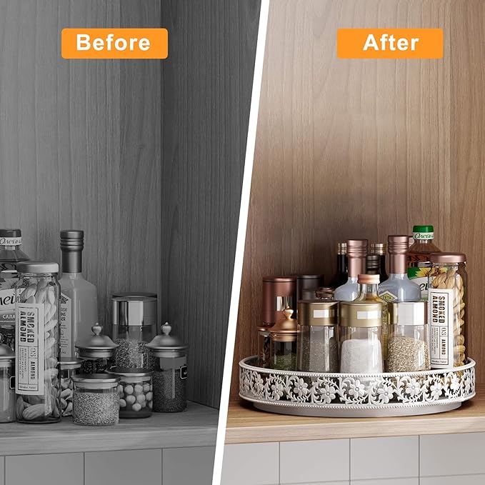 Lazy Susan Turntable Organizer, 13 inch Large Rotating Spice Rack Lazy Susan for Dining Table Top Cabinet Countertop Pantry Kitchen Cupboard Bathroom White