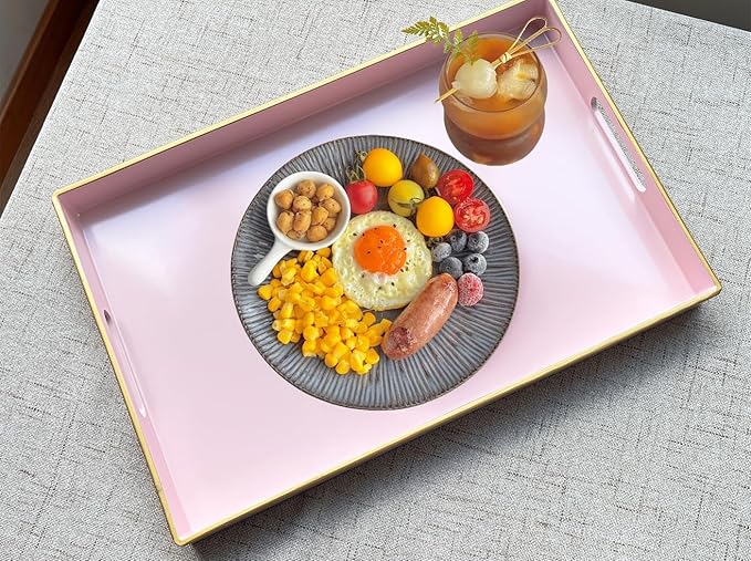 Large Pink Rectangular Decorative Tray – Plastic Serving Tray with Handles for Coffee Table, Ottoman, Living Room, 15.7” x 11.8” x 1.6