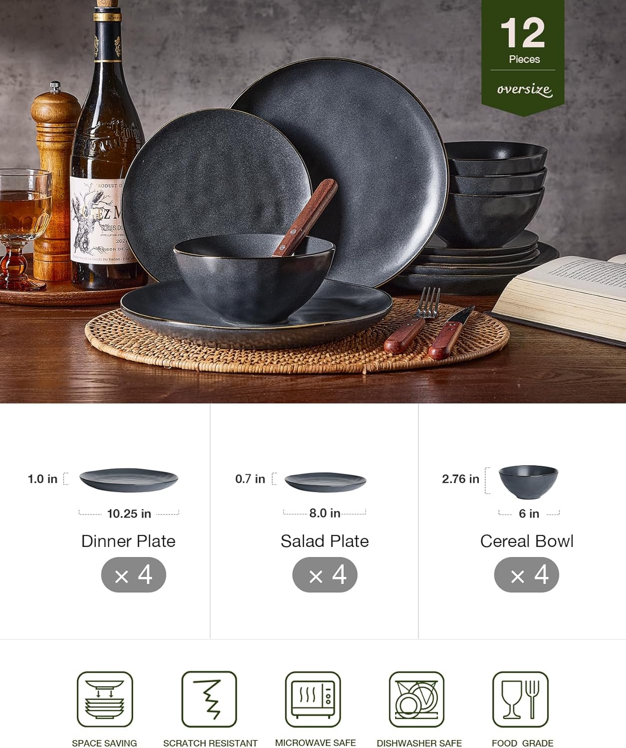 Famiware Dinnerware Sets for 4, Ocean Round 12-Piece Kitchen Plates and Bowls Sets, Microwave and Dishwasher Safe, Scratch Resistant, Matte Black