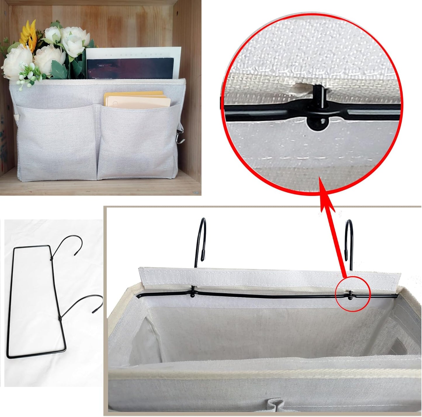 Bedside Caddy Organizer & Bedside Storage Basket Multi-Function Organizer for Bunk, Hospital Beds, Dorm Bed Rails,| Holds Magazines, Books, Glasses, Phone | Space-Saving (White 2 Pack)