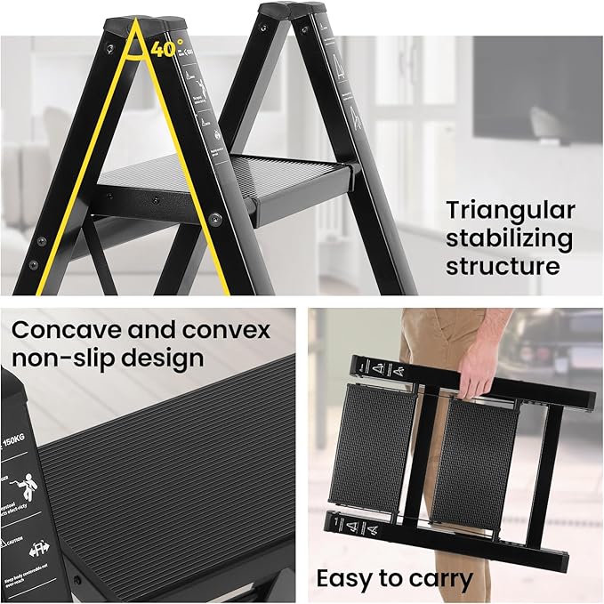 FAHKNS 2 Step Ladder, Aluminum Light Folding 2 Step Stool with Non-Slip Wide Pedal (7.9Inch), 330Lbs Capacity Stepping Stool, Step Ladder 2 Step Folding for Office,Household,Kitchen, Black