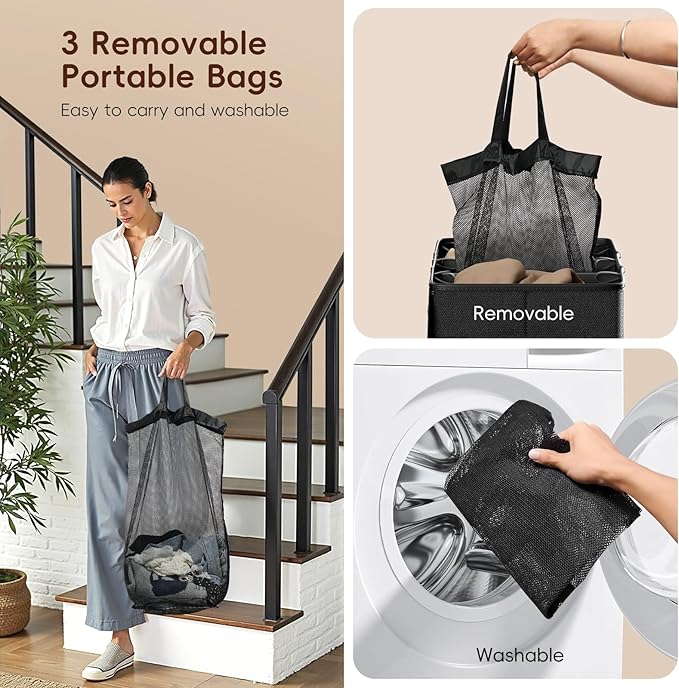 185L Laundry Hamper 3 Section, Laundry Hamper with Lid, Dirty Clothes Hamper with 3 Removable Washing Bags, Extra Large Laundry Basket Organizer for Bedroom, Laundry Room, Dorm - Khaki