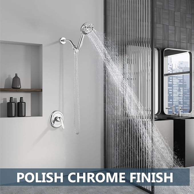 Aolemi Shower Faucet Set Rain Shower Head System Shower Trim Kit Pressure Rough-in Valve Included ABS 8 Setting Single Handheld Spray Polish Chrome