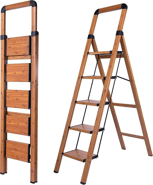 Step Ladder Folding 5-Step Ladders Aluminum Woodgrain Finish Step Stool Anti-Slip Portable Sturdy for Home & Kitchen Office 330 lbs