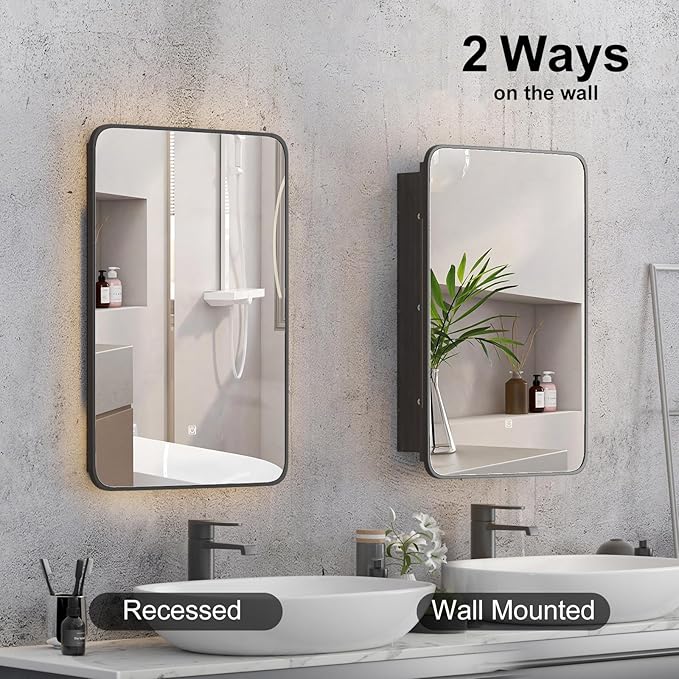 Recessed Medicine Cabinet for Bathroom Medicine Cabinets with Mirror,3-Color Backlight Lighted Medicine Cabinet with Lights,Black Mirrored Medicine Cabinets Wall Mounted 20x30