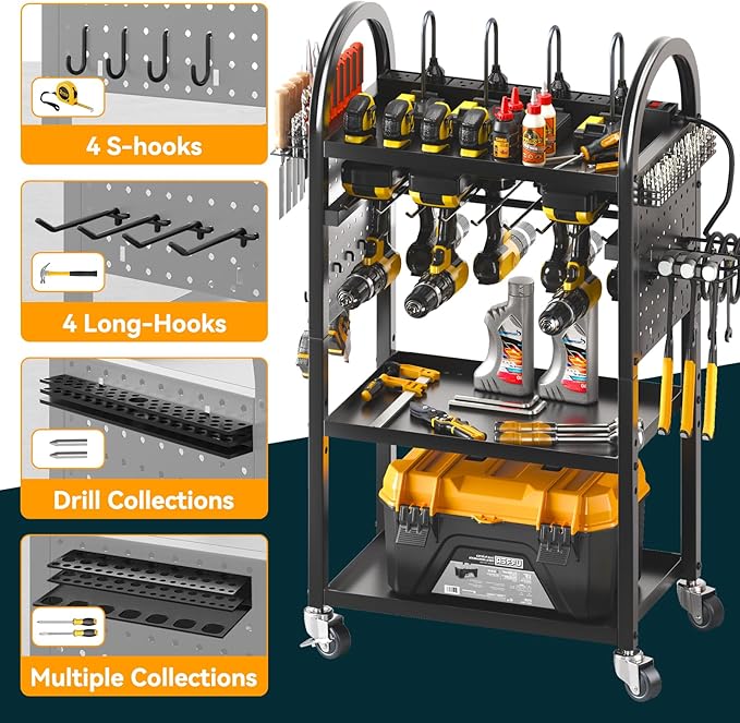 Warome Power Tool Organizer Cart with 8 Movable Charging Station, 4-tire Rolling Utility Cart for 8 Electrical Drills Holders, Storage Cart on Wheels for Garage Storage in Black, Gifts for Man