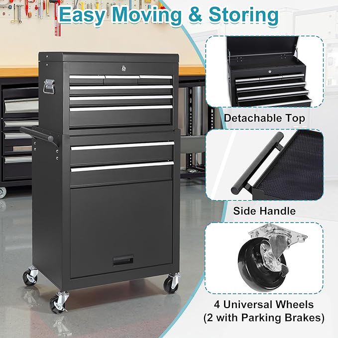 Tool Chest 8 Drawers Garage Storage Cabinet 2 in 1 Steel Frame Tool Chest with Wheels, Liner, Detachable Top, Lockable Wheels and Side Hooks for Garage, Black
