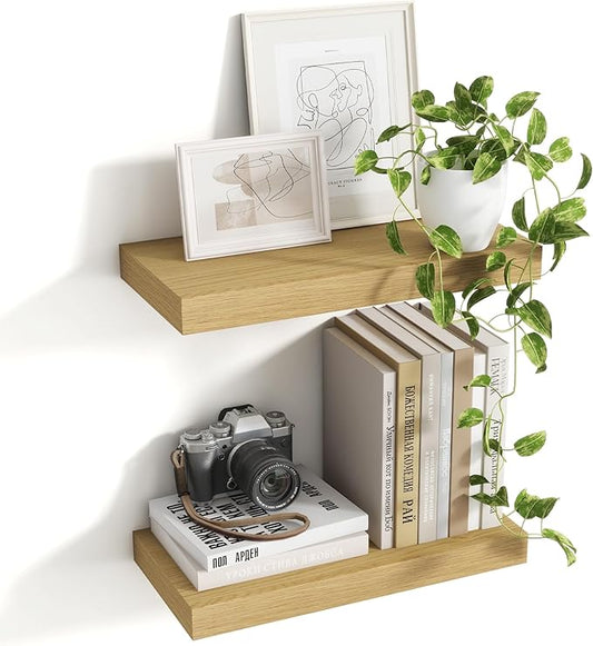 16 Inch Floating Shelves, 8 Inch Deep Floating Shelves for Wall, Hanging Shelf with Invisible Brackets, Deep Shelves for Bathroom, Bedroom, Living Room, Oak, Set of 2