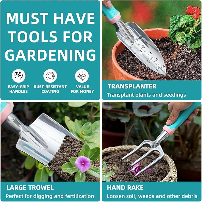 MelonArt Garden Tool Set,8 Pcs Gardening Hand Tool Starter Kit for Women Heavy Duty Outdoor Tool Kit Aluminum Alloy with Non Slip Ergonomic Handle, Ideal Gifts for Women and Men, Green&Pink