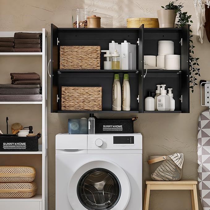 SoBuy Wall Cabinet Laundry Room, Medicine Cabinet for Bathroom Kitchen Garage, 3 Doors Wall Storage Cabinet with Adjustable Shelf, Black FRG231-L-SCH