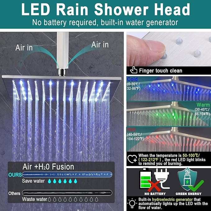 Enga Rain Shower Jet Thermostatic System Work At the Same Time, Body Spray with On-off Switch, 16inch Brushed Nickel Brass Faucet Complete Set