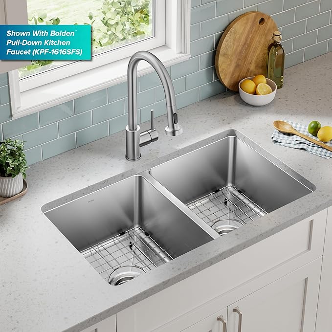 KRAUS Fairlane 33-inch Undermount Double Bowl 18-Gauge Stainless Steel Kitchen Sink, KHU632-33