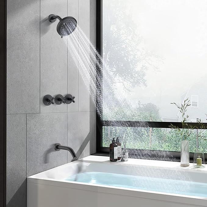 PROOX 3 Handle Tub Shower Faucet Set, 9-Setting Rainfall Shower Head with Tub and Shower Trim Kit with Rough-in Valve, Matte Black Bathtub Shower Faucets, Wall Mounted Bathroom Rain Shower System