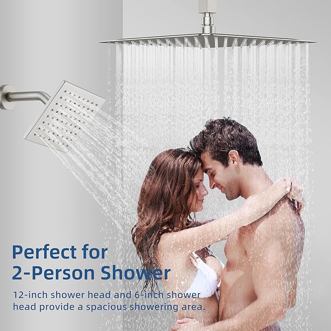 Thermostatic Dual Shower Heads System with Ceiling 12-Inch Rainfall Shower & Wall Mount 6-Inch High Pressure Shower Head, Brushed Nickel Bathroom Shower Faucet Set with Handheld Sprayer