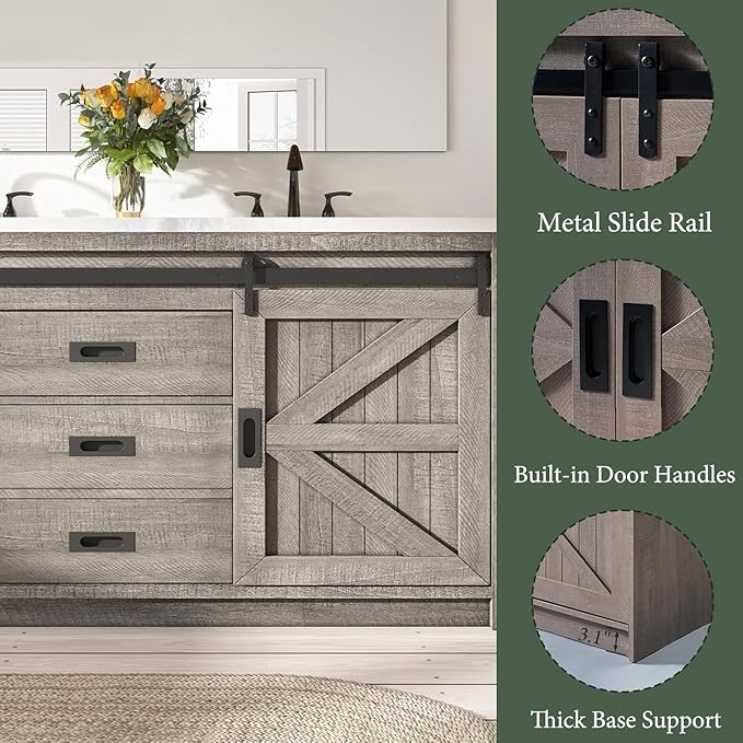 60" Farmhouse Bathroom Double Vanity Sliding Barn Door with Sink Combo, Bathroom Vanity Cabinet with Drawers & Metal Handles, Freestanding, Gray