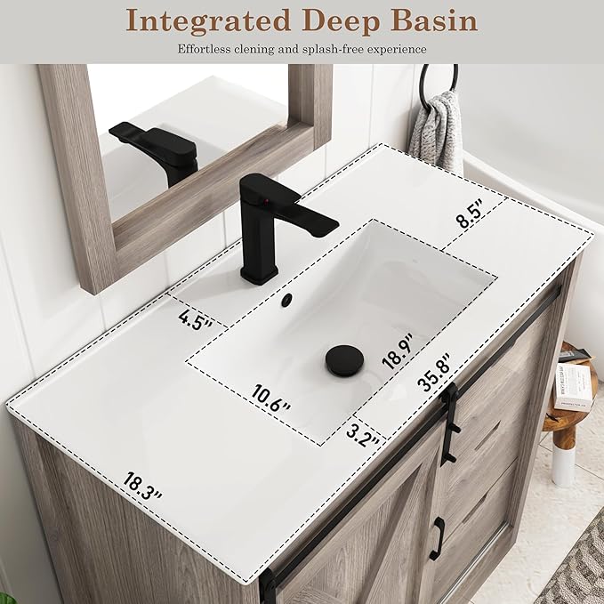 36 Inch Bathroom Vanity with Sink & Faucet & Mirror, Farmhouse Bathroom Vanity Cabinet Set with Sliding Barn Door & Drawers, Small Single Bath Storage Vanity Sink, Grey