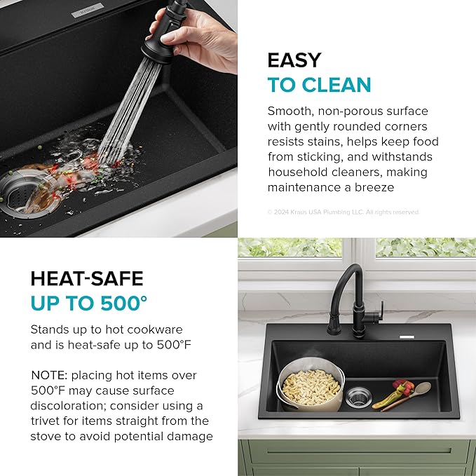 KRAUS Quarza 31-inch Drop-In/Undermount Single Bowl Granite Kitchen Sink in Black Onyx, KGD-412B