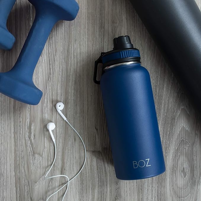 BOZ Stainless Steel Water Bottle - Vaccum Insulated Water Bottle 32 Oz - Wide Mouth BPA Free Sport Water Bottle for Gym with Spout Lid - Thermal Hot & Cold 1 Litre Blue Waterbottle