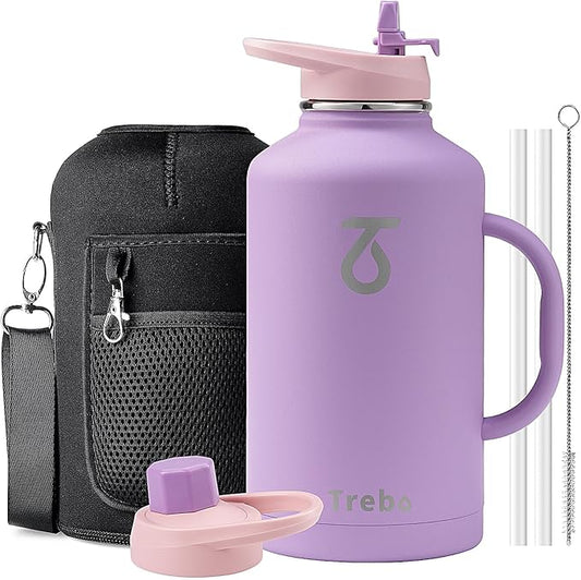 Trebo Half Gallon Water Bottle Insulated with Handle,64 oz Double Wall Stainless Steel Metal Large Jug,Travel Flask with Straw Spout Lid,Mug Tumbler Cup with Carry Pouch,Keep Cold Hot, Purple
