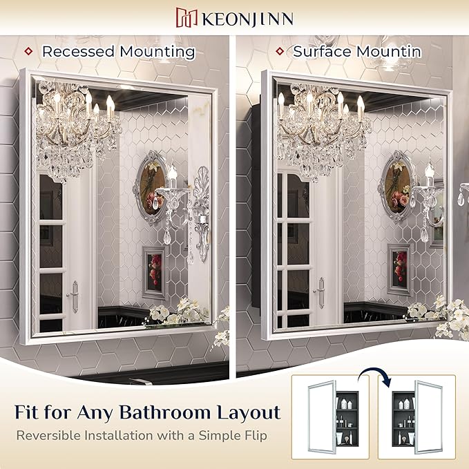 Keonjinn 30 x 32 Inch Silver Bathroom Medicine Cabinets with Mirror Aluminum Alloy Frame with Beveled Edges Recessed or Surface Wall-Mounted Metal Framed Medicine Cabinet for Bathroom Vanity
