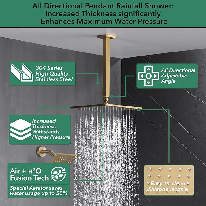 VANFOXLE Shower Faucet Set Brushed Gold Shower System,Four Modes Shower Faucet with 2 in 1 Handheld,Ceiling Mount 10 Inch Shower Head with 6 Inch Shower Head, 4 PCS Dual Modes Body Jets