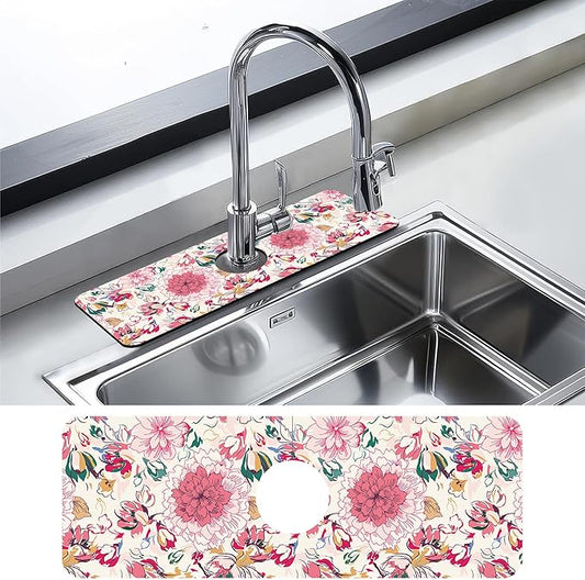 Kitchen Faucet Mat Artistic Floral Kitchen Sink Splash Guard Faucet Mat,1 PC Splash Guard Behind Faucet Drip Catcher for Kitchen,Sink Mat,Dish Drying Mat,Bathroom Faucet Mat 15.5""X5.5""