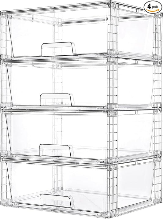 Vtopmart 4 Pack Large Stackable Storage Drawers,Easily Assemble Acrylic Bathroom Closet Undersink Organizers and Storage,Plastic Storage Bins for Kitchen Cabinets,Pantry,Makeup,Medicine Organization