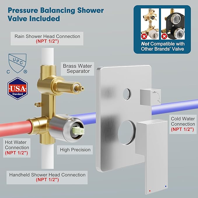 Shower System, 10'' High Pressure Brushed Nickel Shower Head with Handheld Spray Combo, Included 59'' Shower Hose, Shower Trim Kit and 2-IN-1 Diverter, Bathroom Shower Faucet Set with Valve