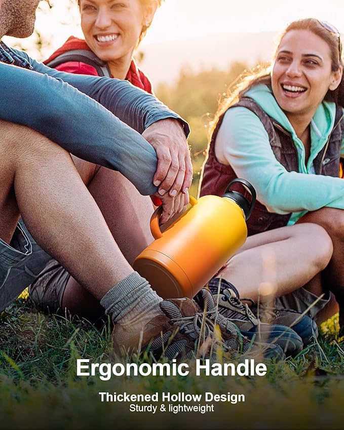 Trebo Half Gallon Water Bottle Insulated with Handle, 64 oz Double Wall Stainless Steel Metal Large Jug, Travel Flask with Straw Spout Lid, Mug Tumbler Cup with Carry Pouch, Keep Cold Hot, Orange