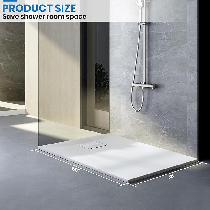 Shower Base with Drain, Non-Slip Shower Pan 60"×36", White SMC Shower Tray for Bathroom Assembly