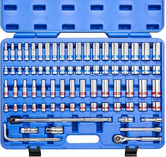Neiko 02472A 3/8-Inch-Drive Colored Mechanics Tool Ratchet, Socket Set, 76-Piece Standard and Deep SAE Sizes 1/4" to 1" Metric Sizes 6 mm to 24 mm Made with CrV Steel for Auto Repair