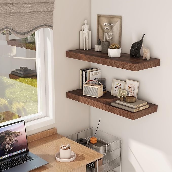 Floating Shelves 30 Inch Long, 12 Inch Deep Floating Shelf for Books, Rustic Wood 30 x 12 Storage Shelves for Wall Storage & Display, Thicked Wall Shelf for Kitchen, Living Room, Walnut Color, 1 Pack