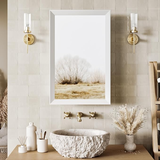 Retro-Style Medicine Cabinet with 17’’x27’’ Solid Wood Mirror Frame, Bathroom Recessed Wall Cabinet, Living Room Wood Storage Cabinet, White